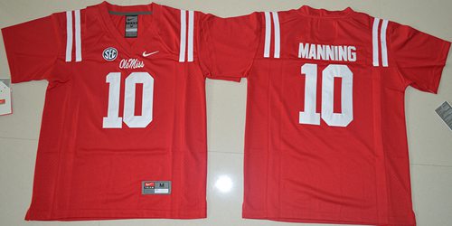Rebels #10 Eli Manning Red Stitched Youth NCAA Jersey - Click Image to Close